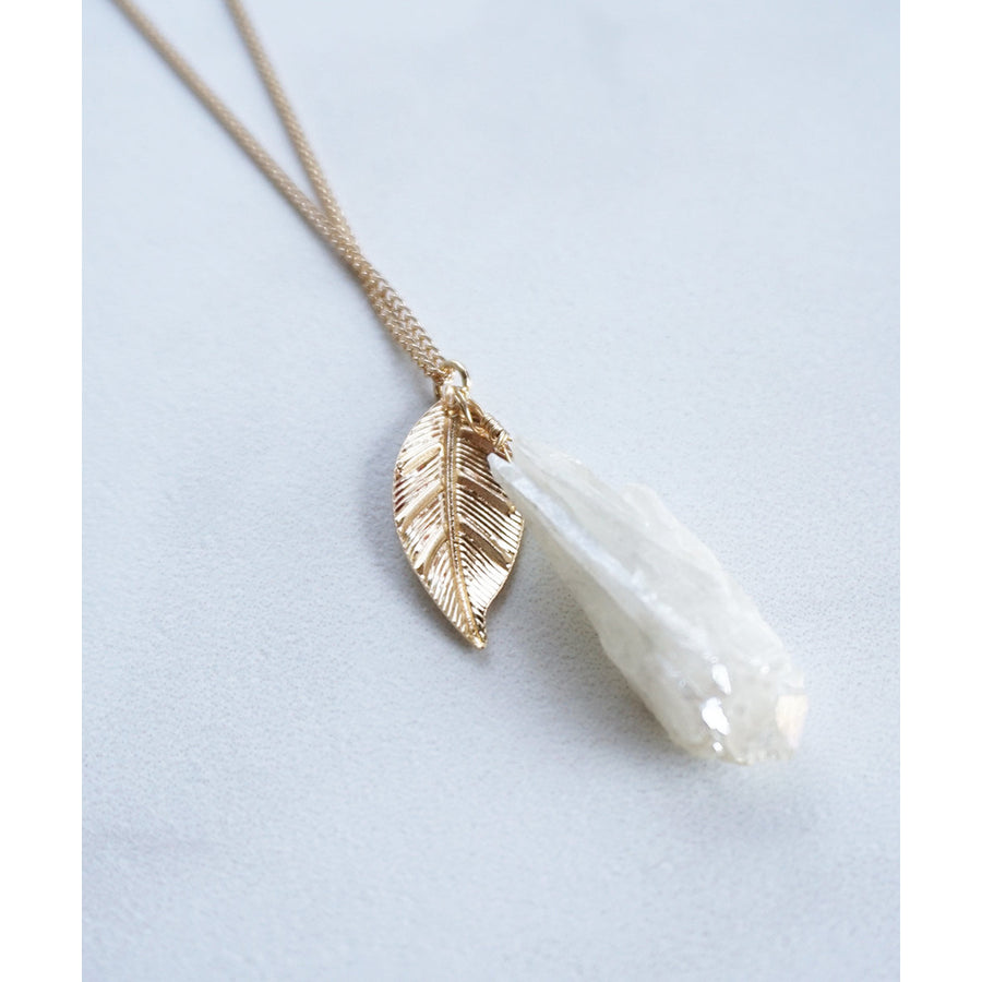 HOLIDAY CLEARANCE SALE! Layered Raw Quartz Crystal Gold Leaf Charm Long Pendant Layering Necklace Image 1