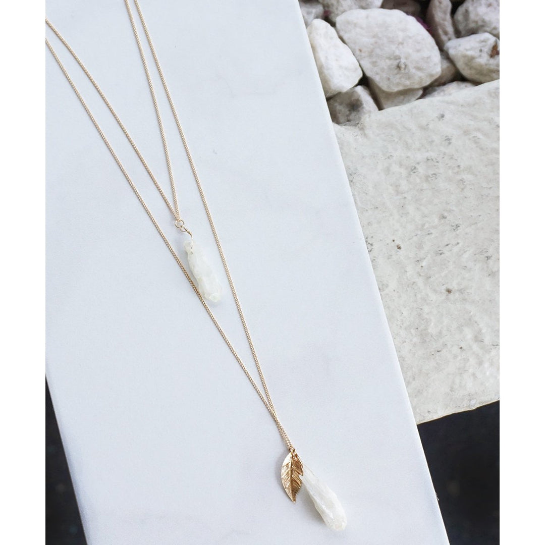 HOLIDAY CLEARANCE SALE! Layered Raw Quartz Crystal Gold Leaf Charm Long Pendant Layering Necklace Image 3