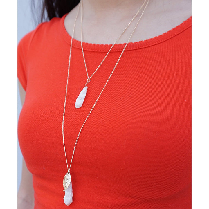 HOLIDAY CLEARANCE SALE! Layered Raw Quartz Crystal Gold Leaf Charm Long Pendant Layering Necklace Image 4