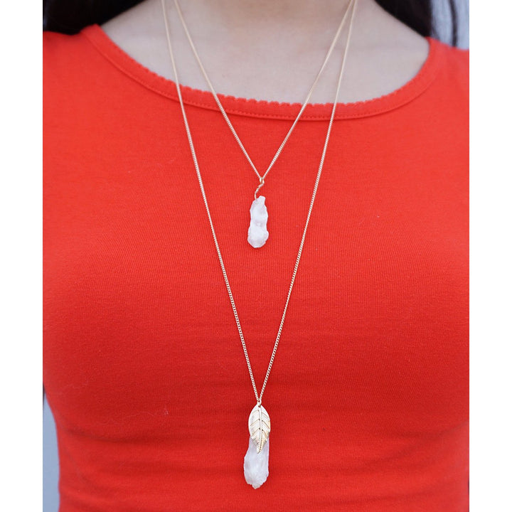 HOLIDAY CLEARANCE SALE! Layered Raw Quartz Crystal Gold Leaf Charm Long Pendant Layering Necklace Image 4