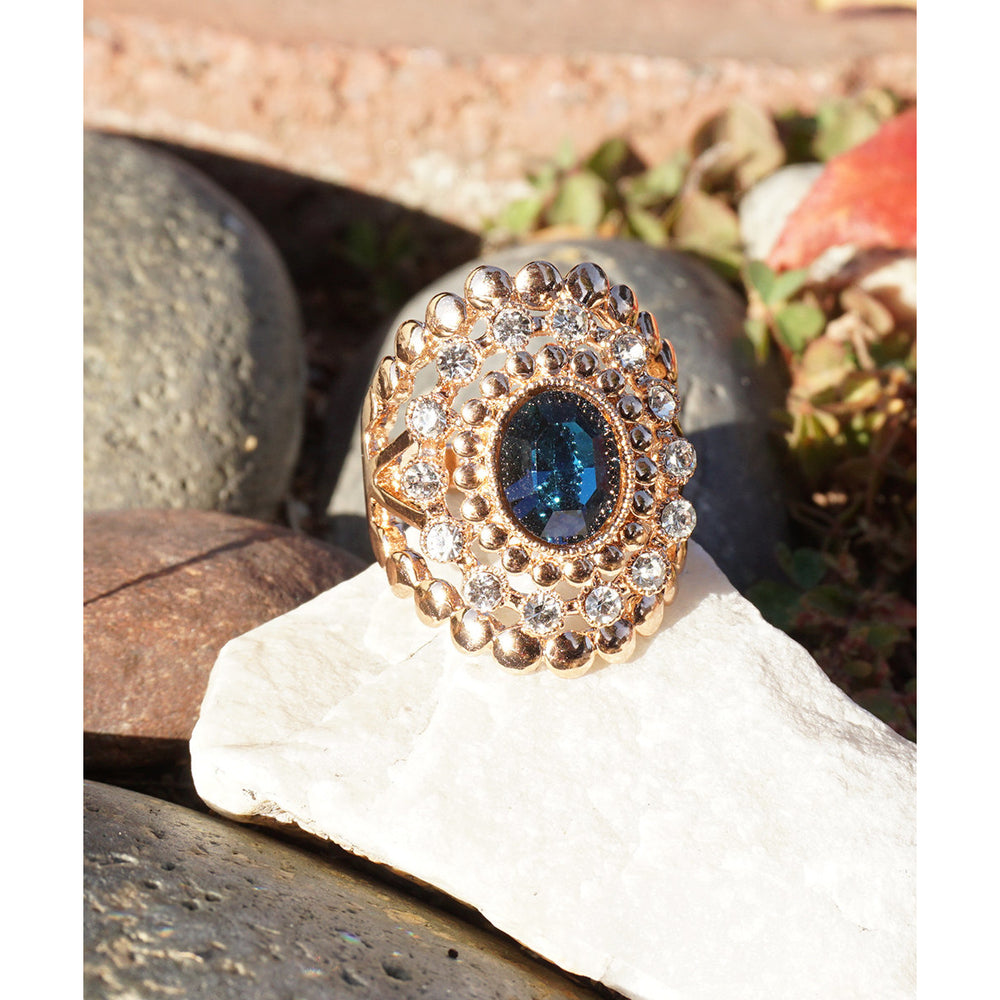 18K Rose Gold Plated Vintage Inspired Blue Sapphire and Clear Crystal Cocktail Ring Image 2