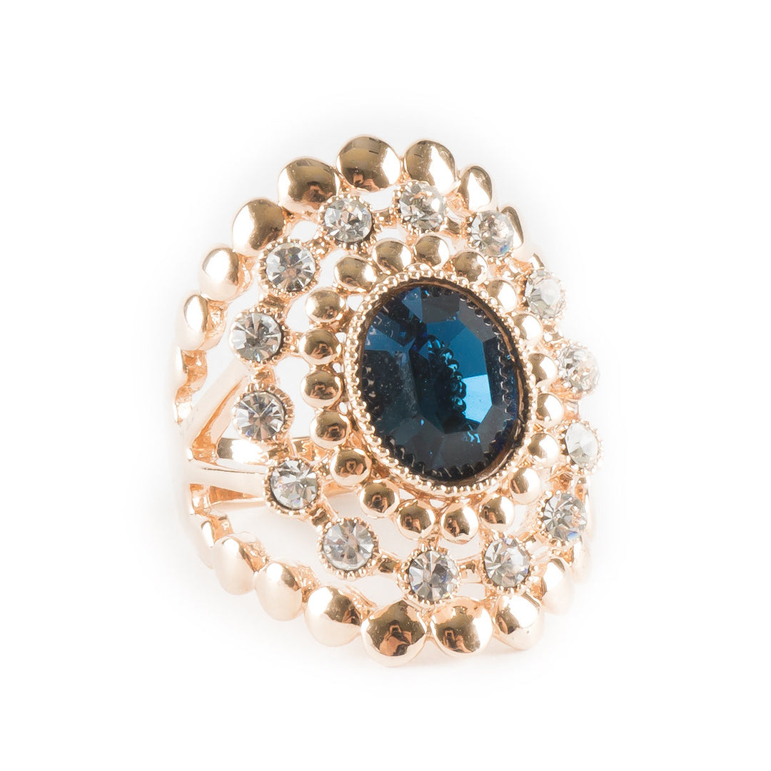 18K Rose Gold Plated Vintage Inspired Blue Sapphire and Clear Crystal Cocktail Ring Image 3