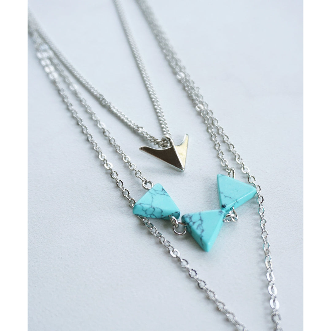 Turquoise Stone Triangle Trio Tassel Silver Tone Layering Three Tiered Layered Necklace Image 1