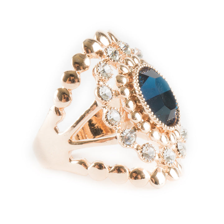 18K Rose Gold Plated Vintage Inspired Blue Sapphire and Clear Crystal Cocktail Ring Image 4
