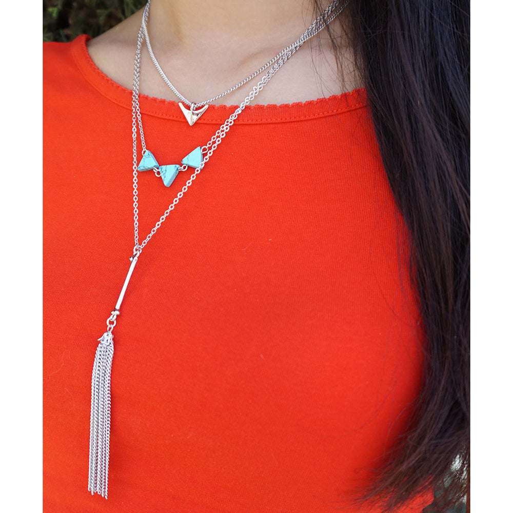 Turquoise Stone Triangle Trio Tassel Silver Tone Layering Three Tiered Layered Necklace Image 2