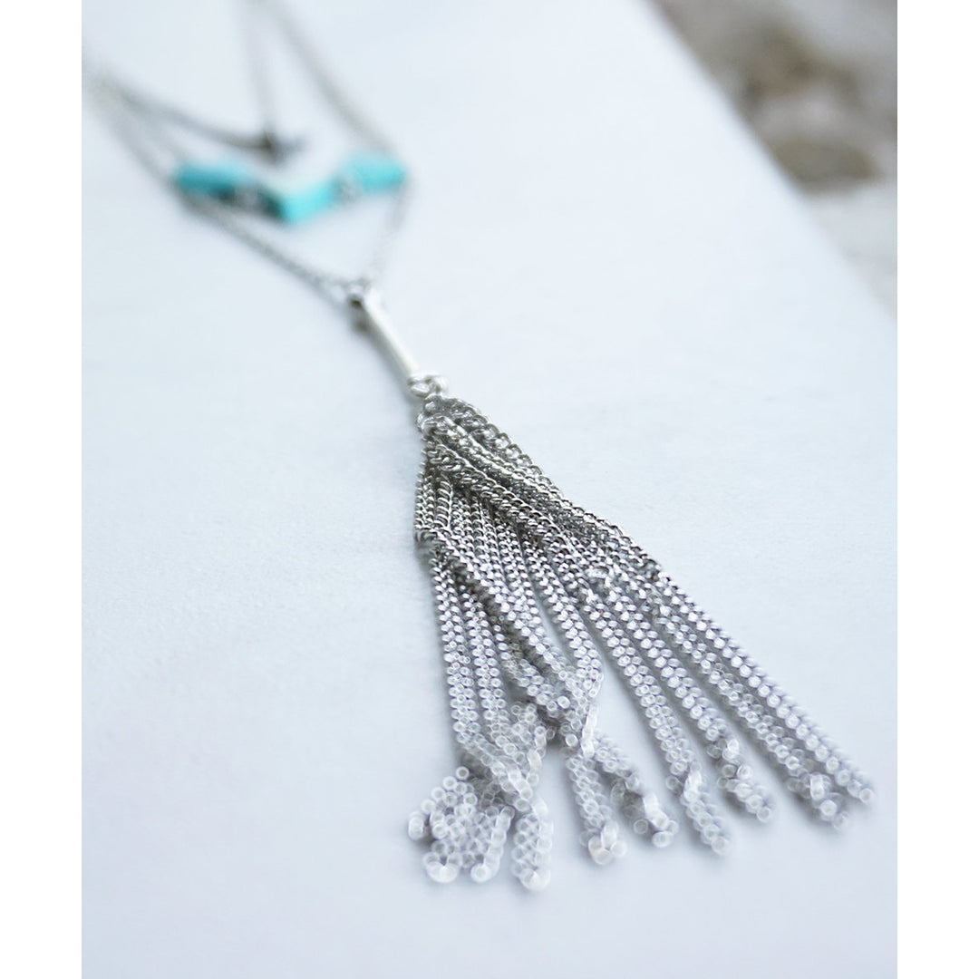 Turquoise Stone Triangle Trio Tassel Silver Tone Layering Three Tiered Layered Necklace Image 3