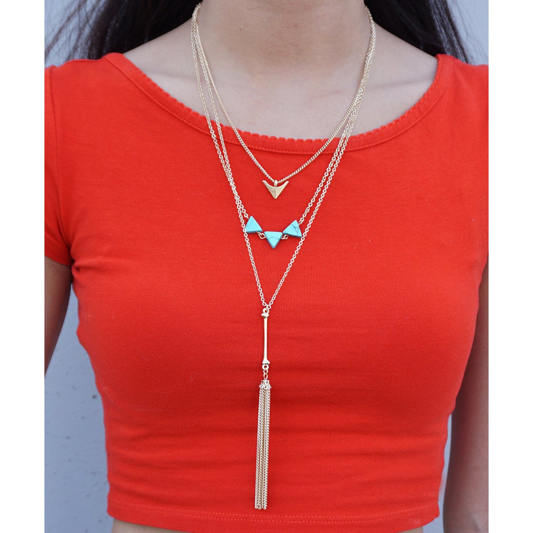 Turquoise Stone Triangle Trio Tassel Silver Tone Layering Three Tiered Layered Necklace Image 4