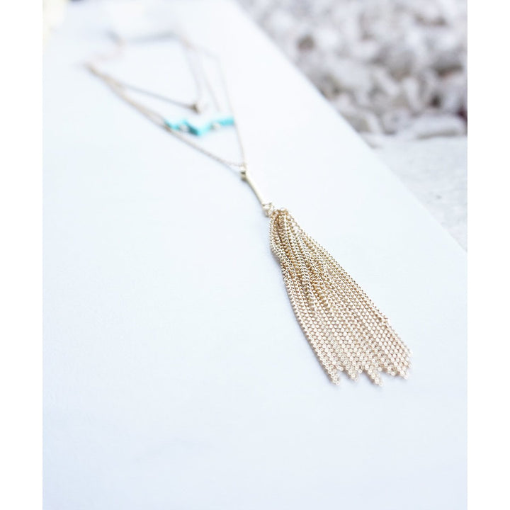 Turquoise Stone Triangle Trio Tassel Silver Tone Layering Three Tiered Layered Necklace Image 4