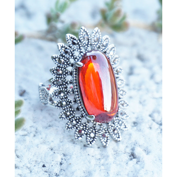 HOLIDAY CLEARANCE SALE! Antique Fire Red Gemstone and Crystal Jewelry Fashion Statement Glamour Ring Image 1