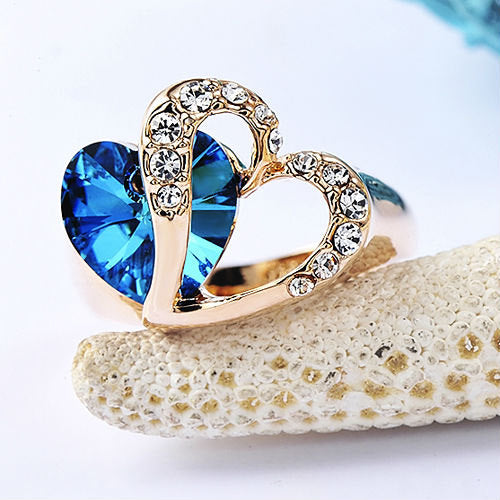 Two Hearts as One Ocean Blue Stone in Gold Plated Ring with Pave Vegan Crystals Image 1