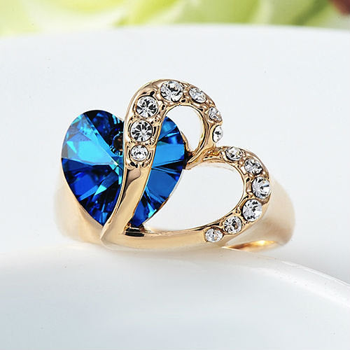 Two Hearts as One Ocean Blue Stone in Gold Plated Ring with Pave Vegan Crystals Image 2