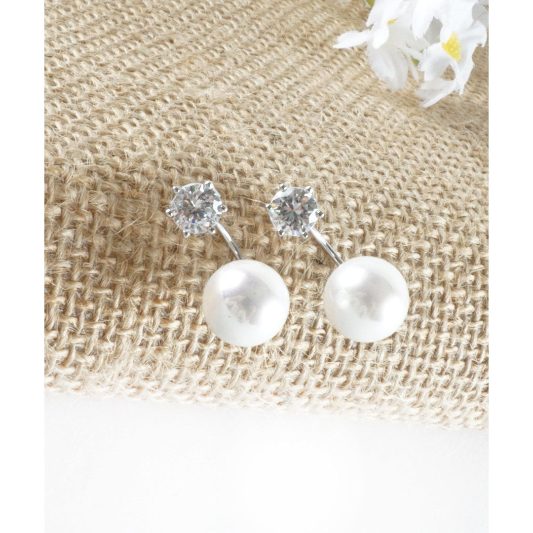 Simple Everyday Crystal and Pearl Front Back Ear Jacket Earrings Image 2