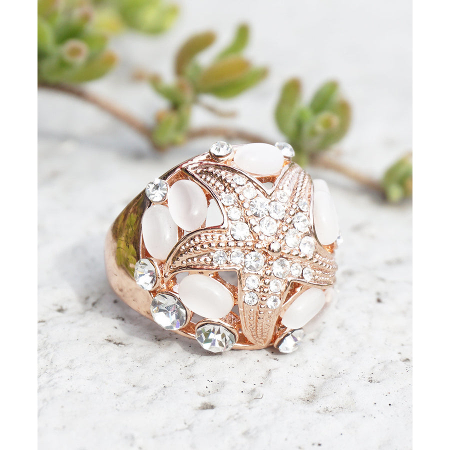 Ocean Starfish Rose Gold Plated Moonstone and Crystals Embellished Fashion Statement Ring Image 1