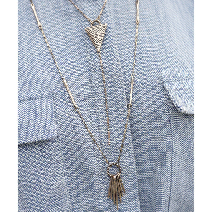 Silver or Antique Gold Plated Three Layered Tribal Long Triangle Necklace Image 3