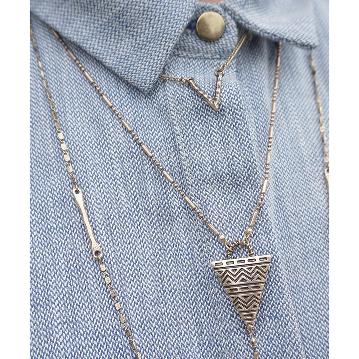 Silver or Antique Gold Plated Three Layered Tribal Long Triangle Necklace Image 4