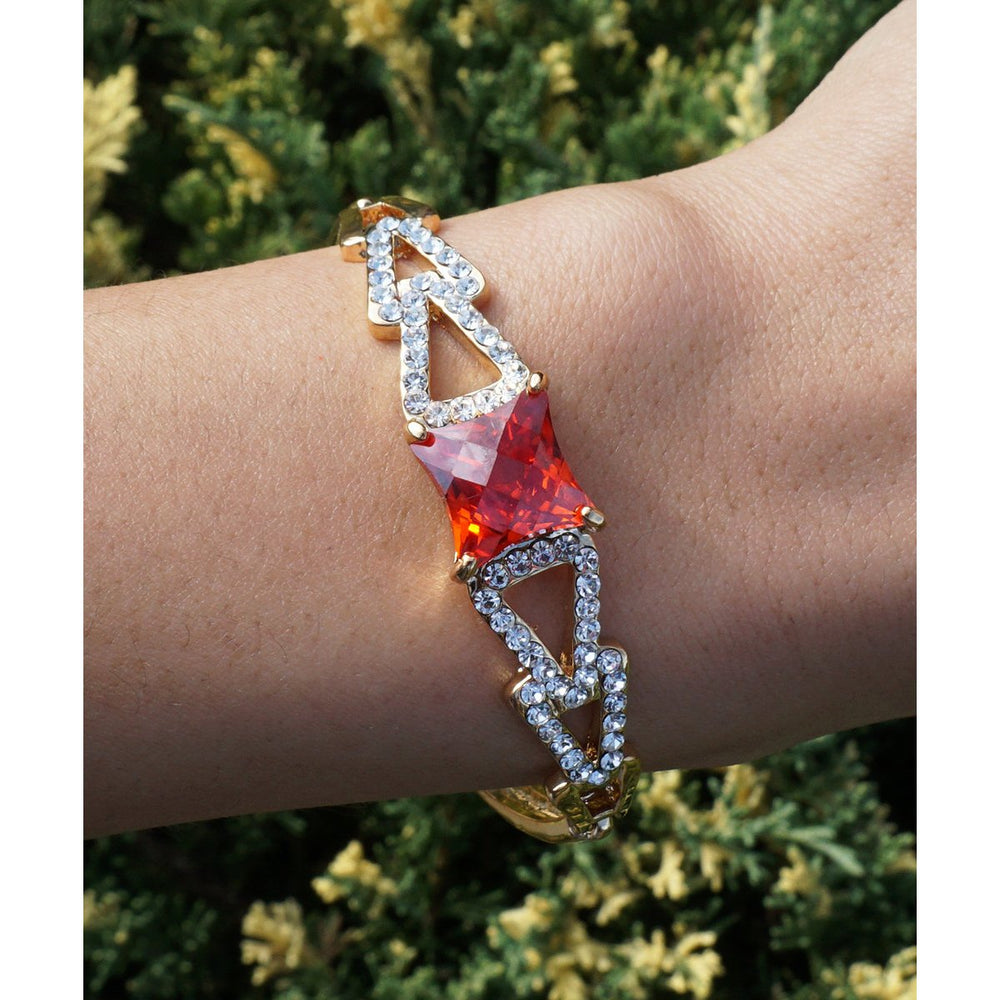 Red Blood Orange Ruby Pave Geometric Design Rhinestone Gold Fashion Bangle Image 2