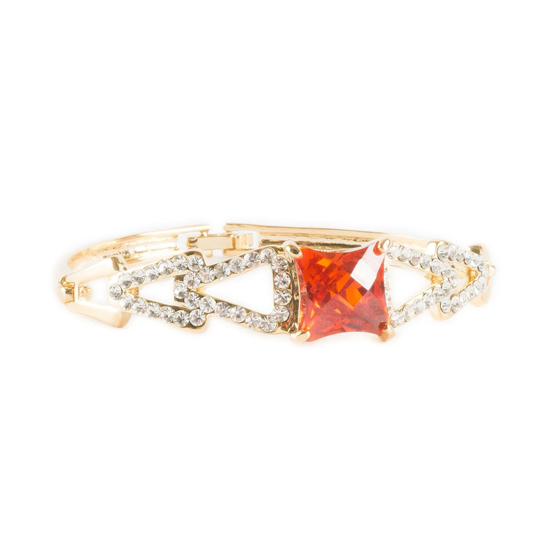 Red Blood Orange Ruby Pave Geometric Design Rhinestone Gold Fashion Bangle Image 3