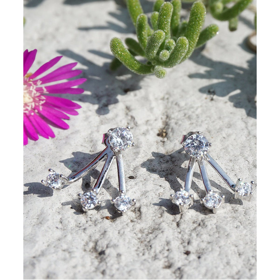 Shooting Star Silver Tone Ear Jackets Three Prong Crystal Peekaboo Studs Fashion Earrings Image 2