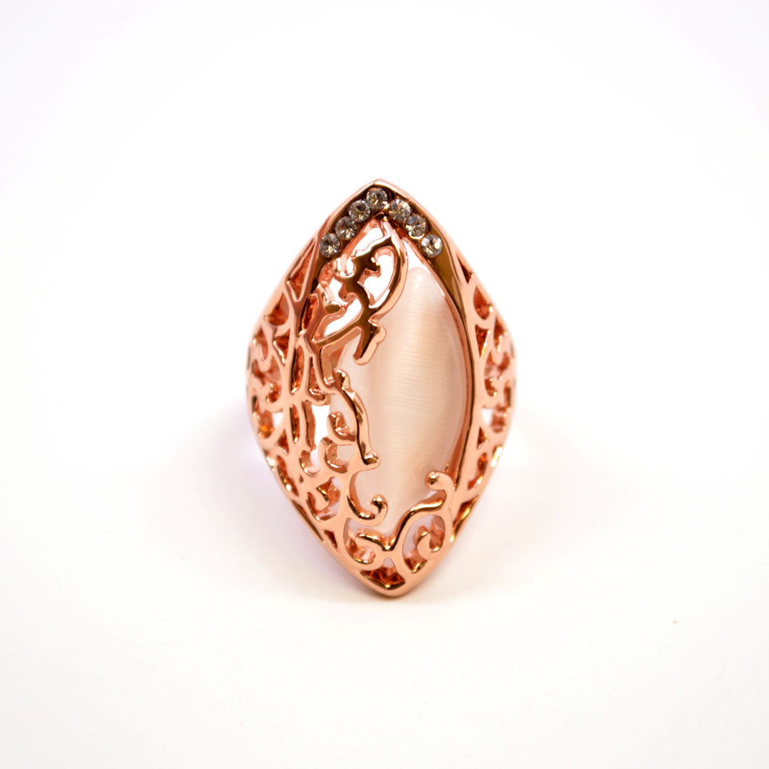 Oval Shaped Opalite Stone On Rose Gold Plated Base With Filigree Design Claw Knuckle Fashion Ring Image 1