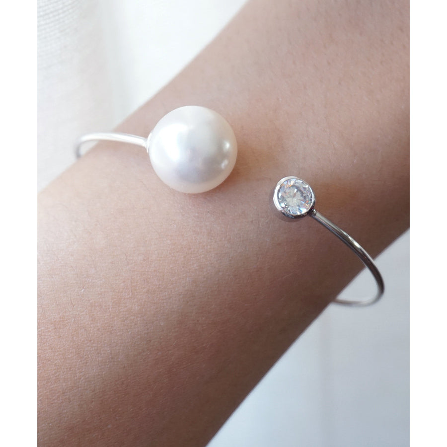 Pearl and Crystal Adjustable Silver Tone Bridesmaids Gift Idea Simple Everyday Cuff Image 1