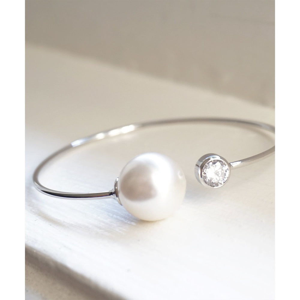 Pearl and Crystal Adjustable Silver Tone Bridesmaids Gift Idea Simple Everyday Cuff Image 2