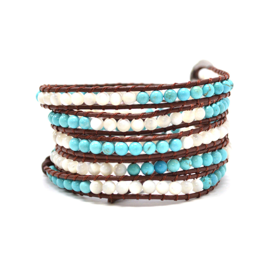 HOLIDAY CLEARANCE SALE! The Infinite Sky - 34" Turquoise and White Beaded Brown Leather Wrap Bracelet Image 1