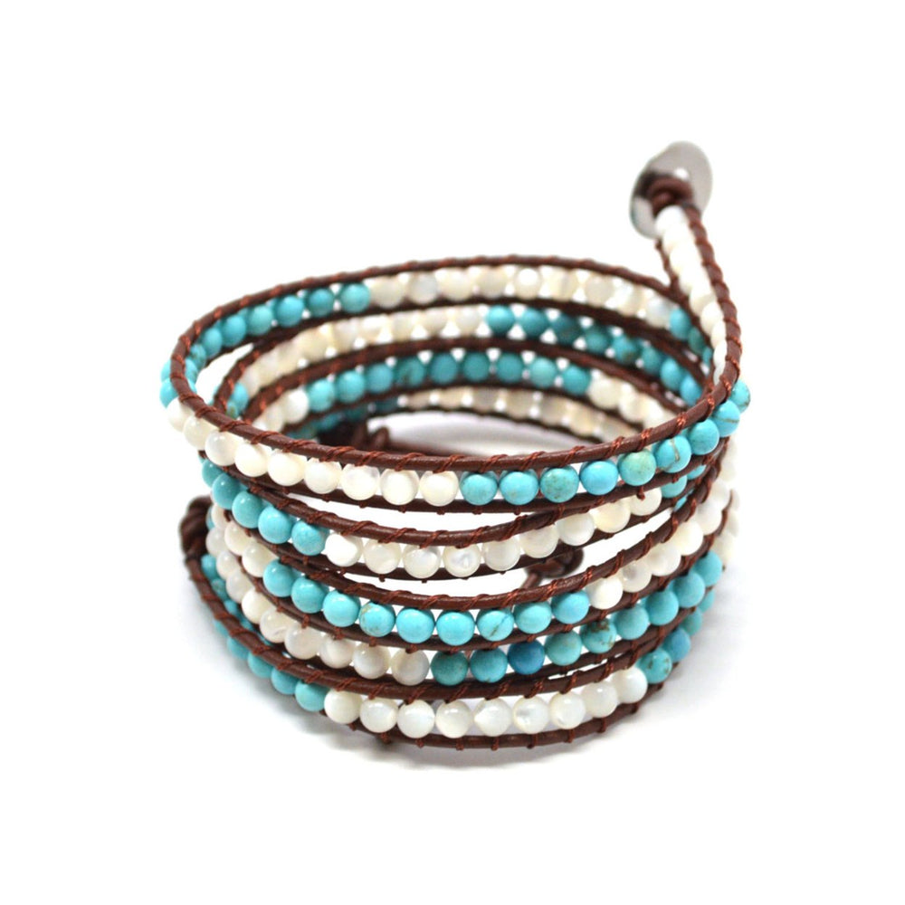 HOLIDAY CLEARANCE SALE! The Infinite Sky - 34" Turquoise and White Beaded Brown Leather Wrap Bracelet Image 2