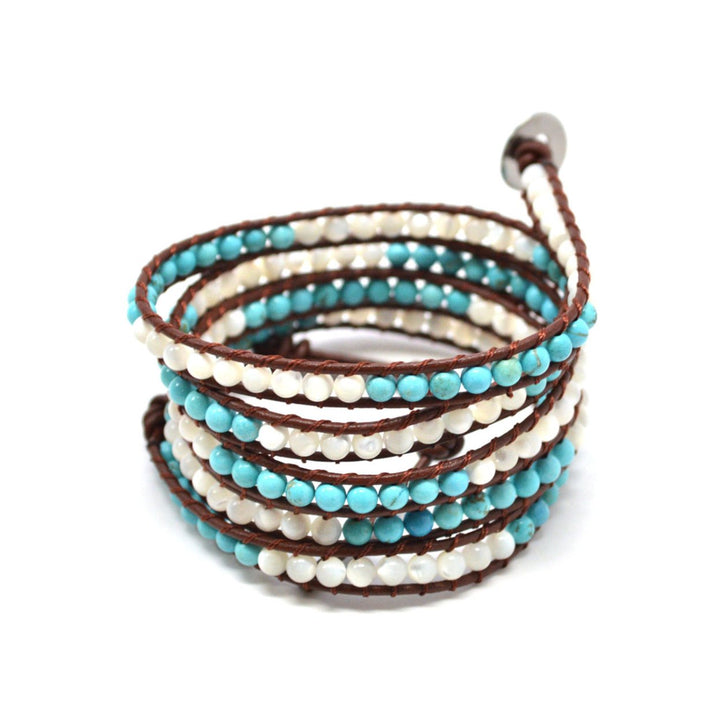 HOLIDAY CLEARANCE SALE! The Infinite Sky - 34" Turquoise and White Beaded Brown Leather Wrap Bracelet Image 2