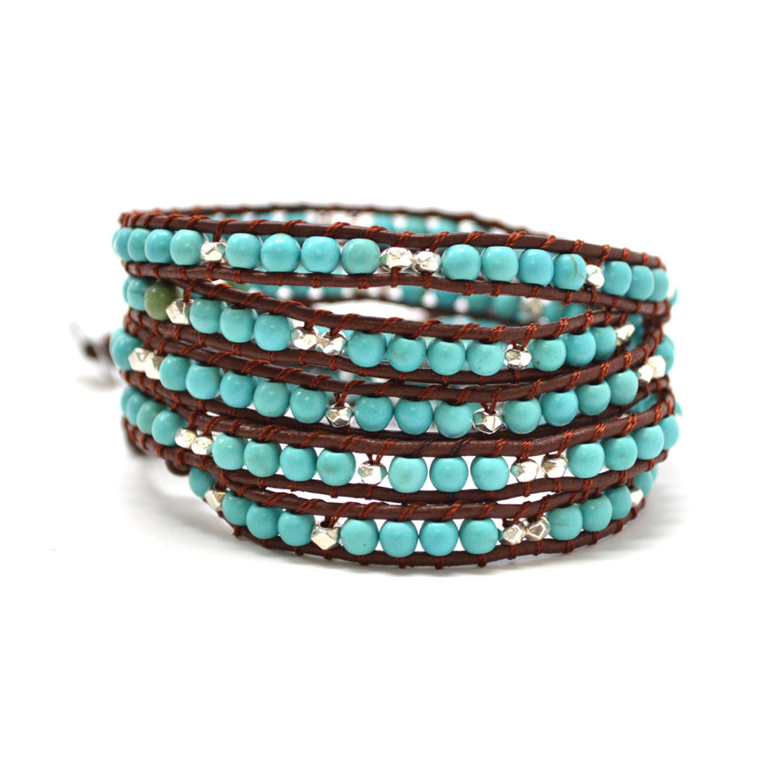 HOLIDAY CLEARANCE SALE! The Crystal Republic - 34" Turquoise and Metallic Beaded Brown Leather Wrap Bracelet Image 1