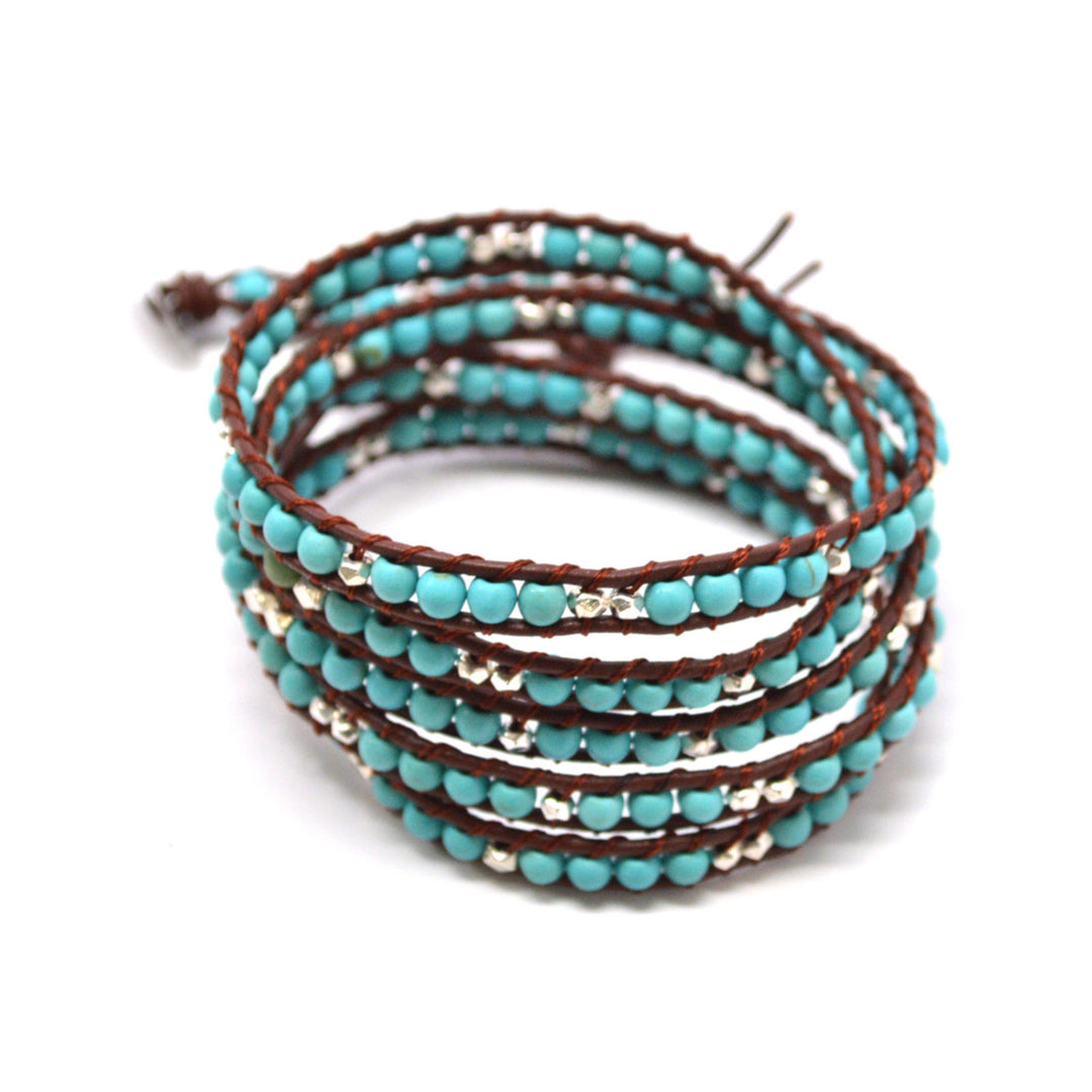 HOLIDAY CLEARANCE SALE! The Crystal Republic - 34" Turquoise and Metallic Beaded Brown Leather Wrap Bracelet Image 2