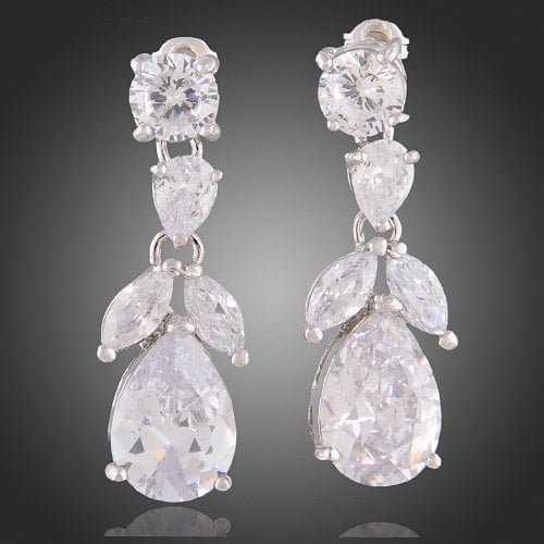 Silver Toned Genuine Rhodium Plated Zirconia Tear Drop Dangle Earrings Image 1