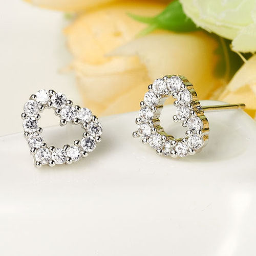 18k White Gold Plated Heart Shaped Stud Earrings With Zirconia Element Image 2