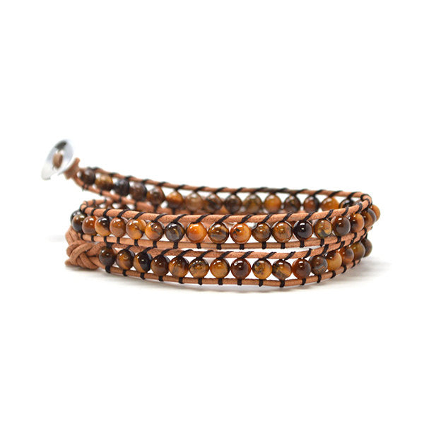 Bohemian Brown Agate Stone Beads On Leather Wrap With Black Embelishment Image 1