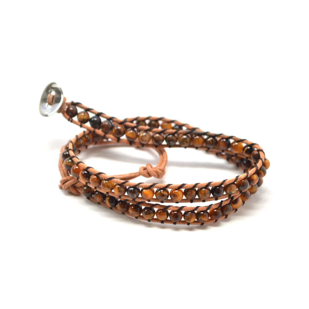 Bohemian Brown Agate Stone Beads On Leather Wrap With Black Embelishment Image 2