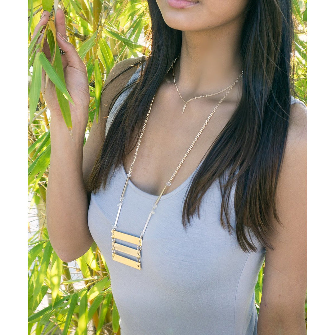 Three Gold Bar Long Boho Summer Necklace Clear Crystal Accents Comes with FREE MATCHING EARRINGS Image 3