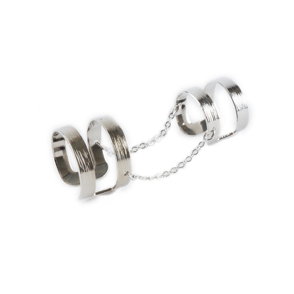 Silver Plated Double Midi Ring Chain Connector Knuckle Cuff Ring Image 2