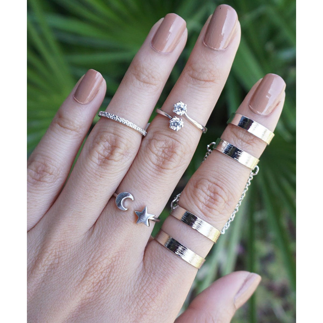 Silver Plated Double Midi Ring Chain Connector Knuckle Cuff Ring Image 3