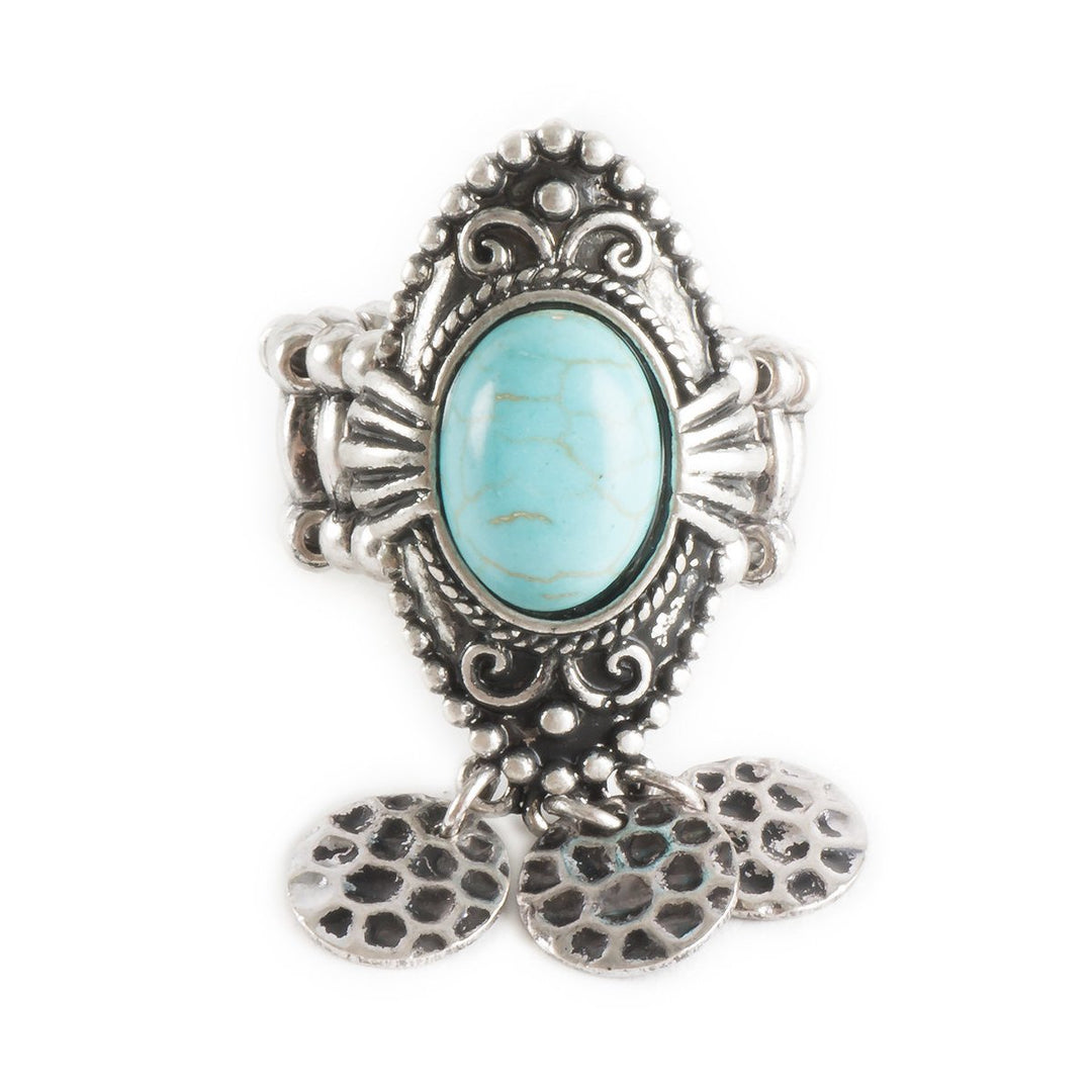 Vintage Inspired Turquoise Stone Embellished Armor Ring with Hammered Coins Detailing Image 2