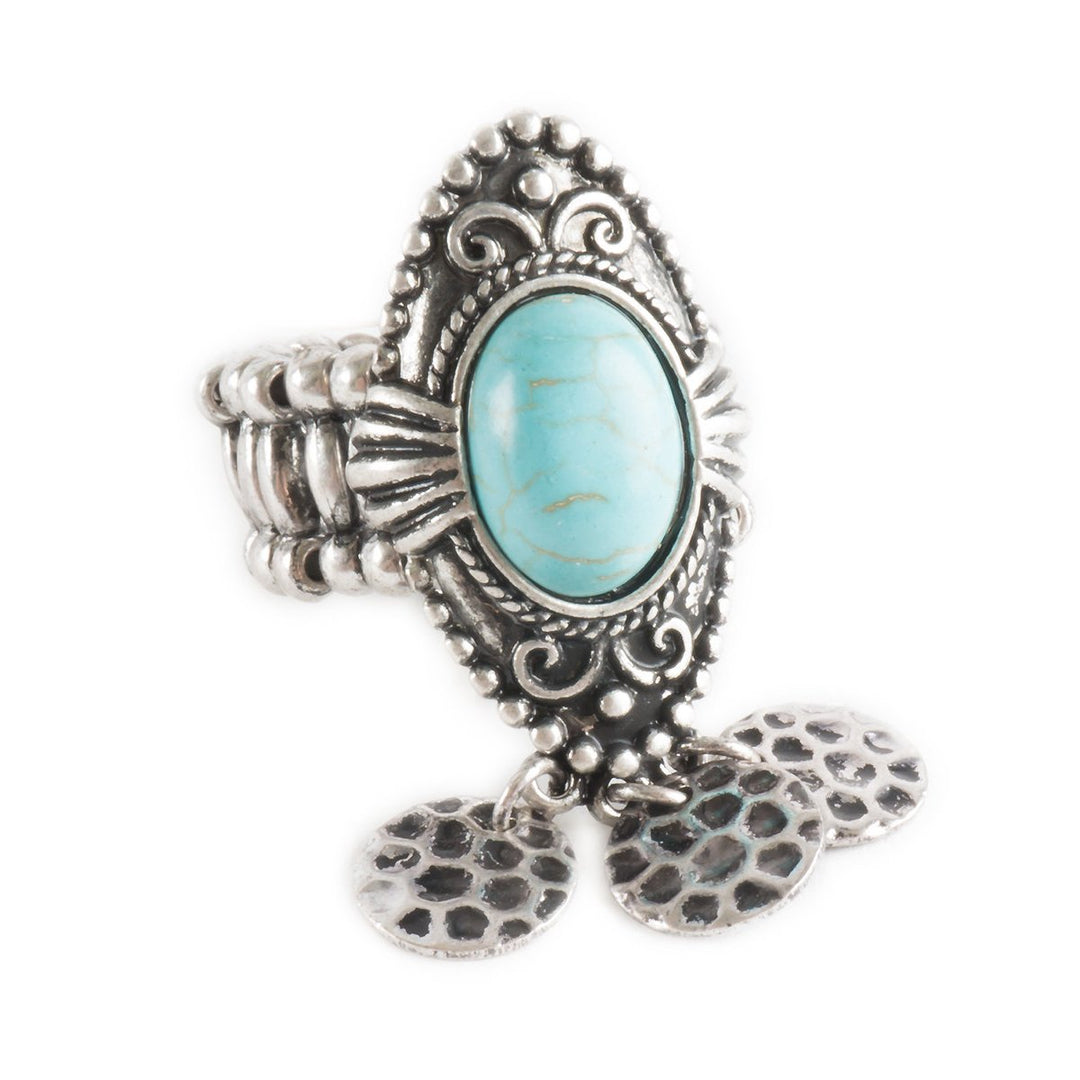 Vintage Inspired Turquoise Stone Embellished Armor Ring with Hammered Coins Detailing Image 3