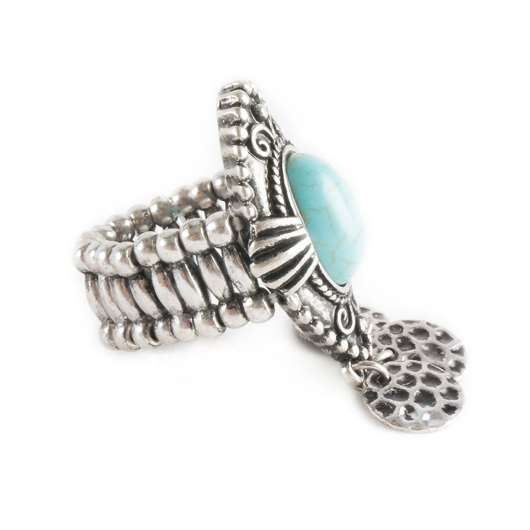 Vintage Inspired Turquoise Stone Embellished Armor Ring with Hammered Coins Detailing Image 4