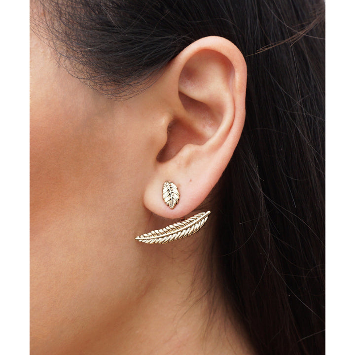 Boho Inspired Feather Leaf Ear Jackets In Vintage Inspired Gold Plated Fashion Earring Image 1