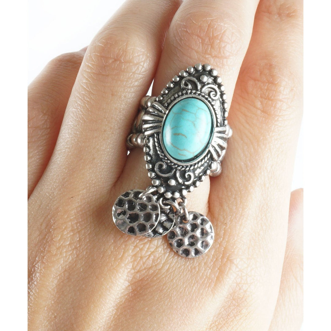 Vintage Inspired Turquoise Stone Embellished Armor Ring with Hammered Coins Detailing Image 4