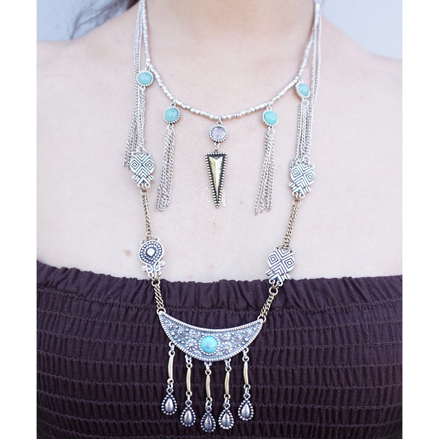 Silver Crescent Lover Metal Tassel Tribal Inspired Turquoise Ethnic Statement Necklace Image 1