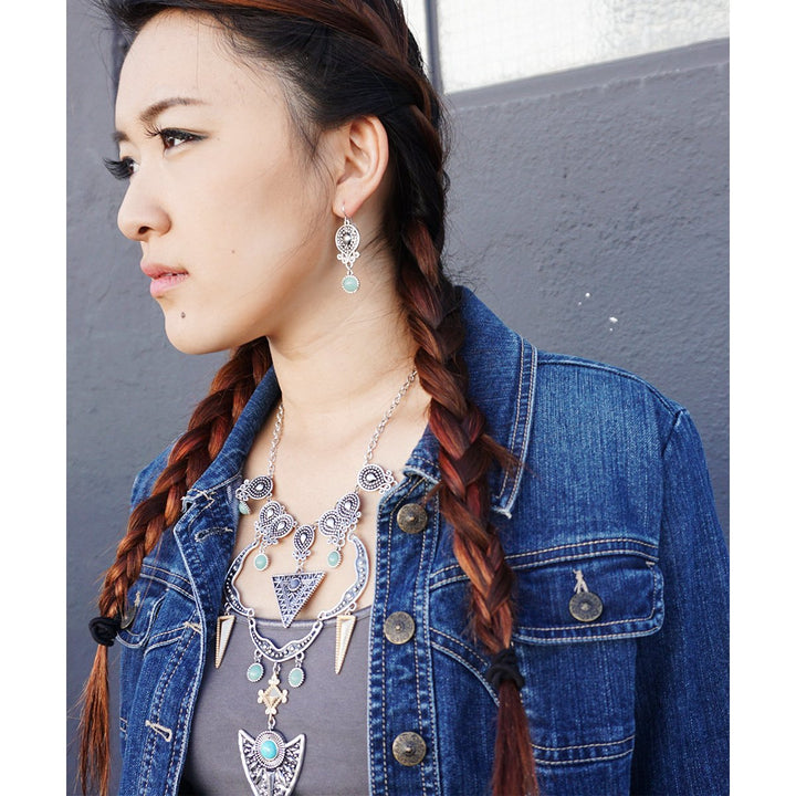 Silver Turquoise Dream Catcher with Gold Accents Tribal Ethnic Boho Statement Necklace Image 1