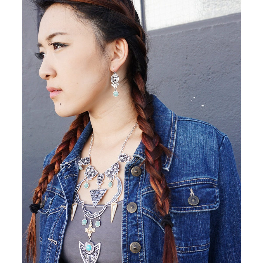 Silver Turquoise Dream Catcher with Gold Accents Tribal Ethnic Boho Statement Necklace Image 1