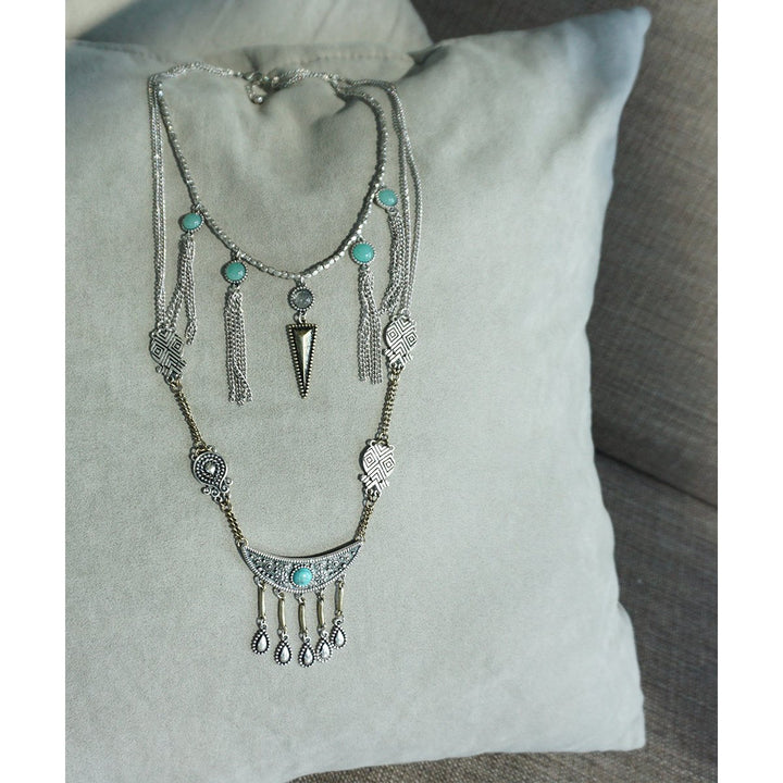 Silver Crescent Lover Metal Tassel Tribal Inspired Turquoise Ethnic Statement Necklace Image 3