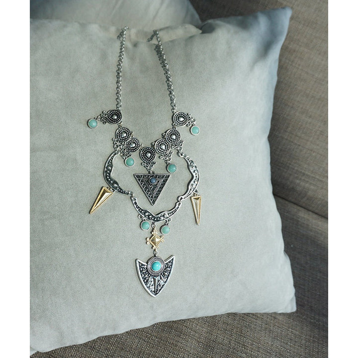 Silver Turquoise Dream Catcher with Gold Accents Tribal Ethnic Boho Statement Necklace Image 4