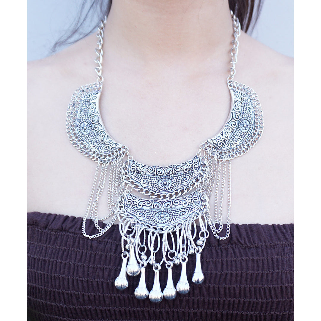 Silver Tone Rhodium Bohemian Etched Crescents Ethnic Tiered Chains Tribal Boho Bib Statement Necklace Image 1