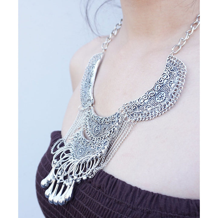 Silver Tone Rhodium Bohemian Etched Crescents Ethnic Tiered Chains Tribal Boho Bib Statement Necklace Image 2