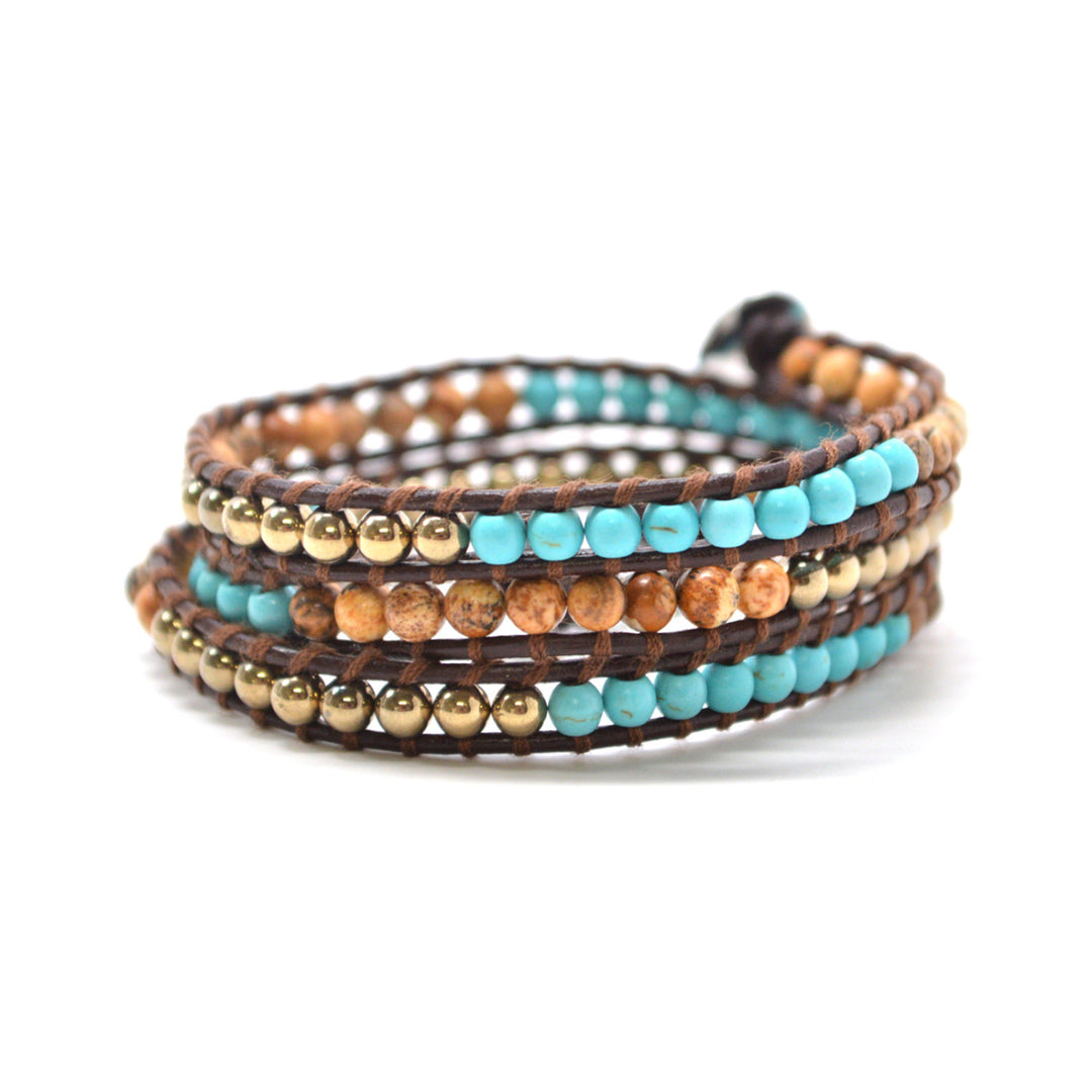 HOLIDAY CLEARANCE SALE! The Oceanview - 23" Turquoise Sand and Gold Tone Beaded Brown Leather Wrap Bracelet Image 1